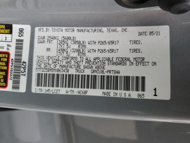 5TFDZ5BN5MX063430 - 2021 TOYOTA TACOMA DOUBLE CAB SILVER photo 12