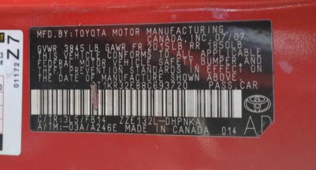 2T1KR32E88C693720 - 2008 TOYOTA COROLLA MA XR RED photo 13