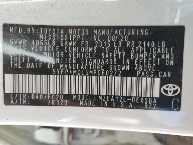 5YFP4MCE5MP060272 - 2021 TOYOTA COROLLA SE Weiß Foto 12