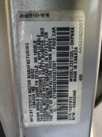 2T1KR32E53C072301 - 2003 TOYOTA COROLLA MA XR SILVER photo 12