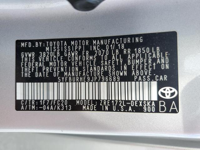 5YFBURHE9JP796689 - 2018 TOYOTA COROLLA L SILVER photo 12