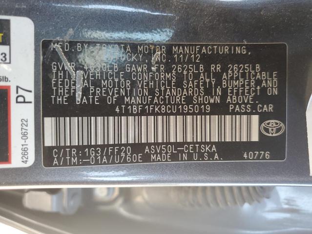 4T1BF1FK8CU195019 - 2012 TOYOTA CAMRY BASE GRAY photo 13