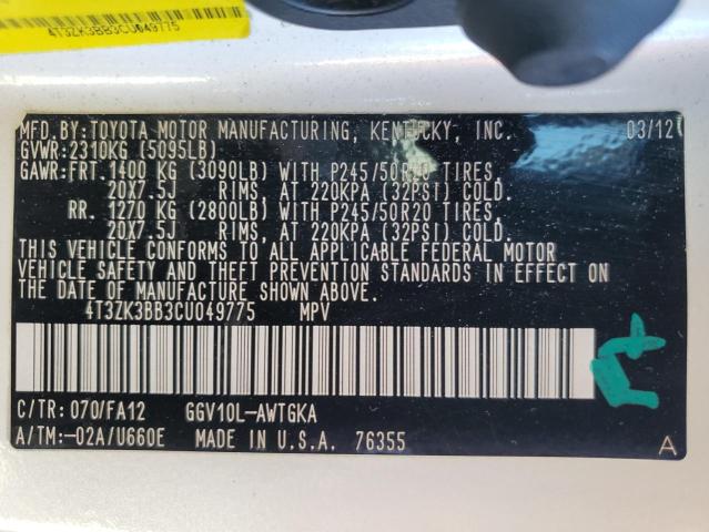 4T3ZK3BB3CU049775 - 2012 TOYOTA VENZA LE WHITE photo 14