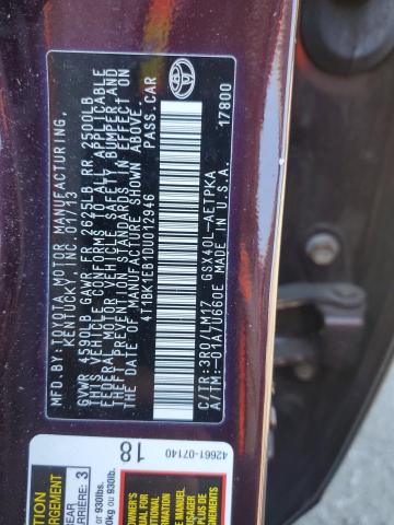 4T1BK1EB1DU012946 - 2013 TOYOTA AVALON BASE MAROON photo 13