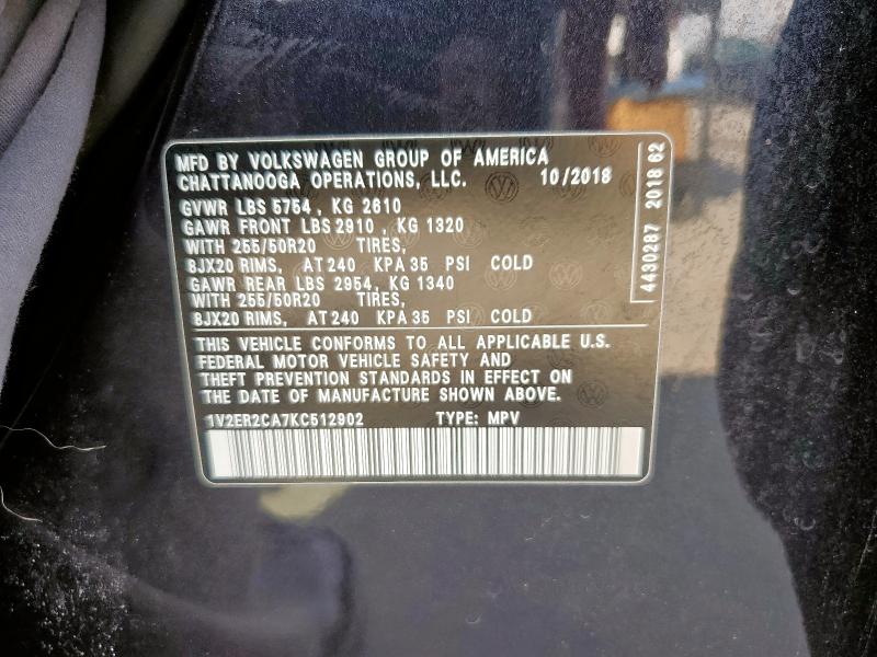 1V2ER2CA7KC512902 - 2019 VOLKSWAGEN ATLAS SEL Noir photo 13