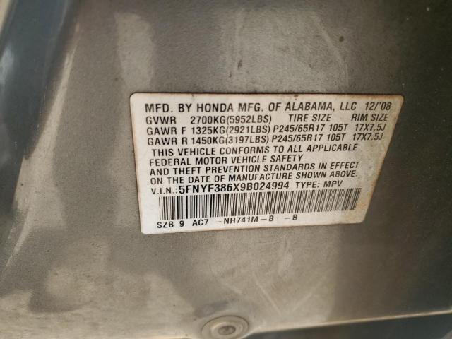 5FNYF386X9B024994 - 2009 HONDA PILOT EXL GRAY photo 13