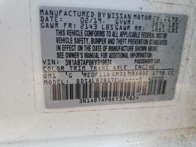 3N1AB7AP8KY319824 - 2019 NISSAN SENTRA S WHITE photo 12