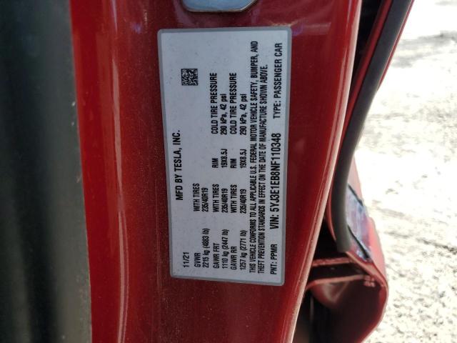 5YJ3E1EB8NF110348 - 2022 TESLA MODEL 3 红色 照片 12