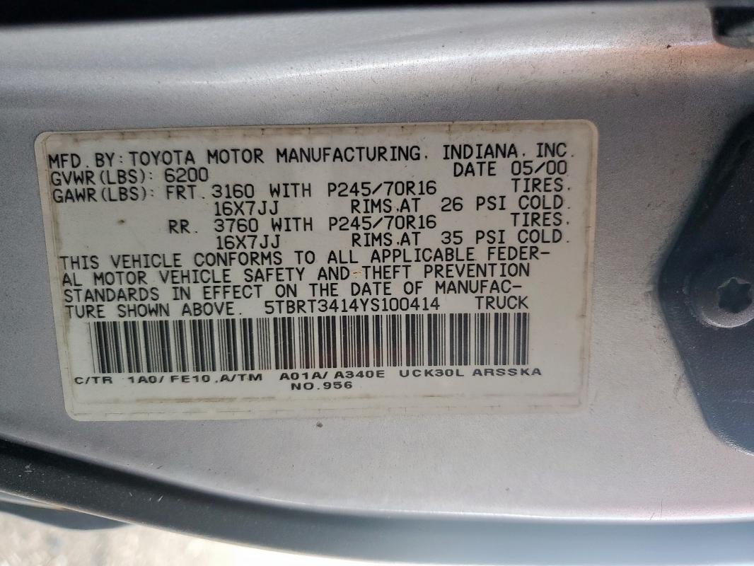 5TBRT3414YS100414 - 2000 TOYOTA TUNDRA ACCESS CAB 银色 照片 12