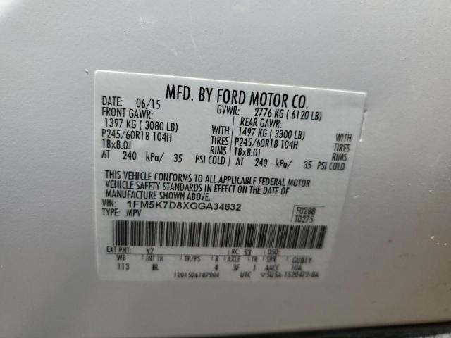 1FM5K7D8XGGA34632 - 2016 FORD EXPLORER XLT Beyaz fotoğraf 12