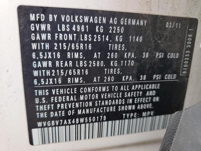 WVGBV7AX4BW550179 - 2011 VOLKSWAGEN TIGUAN S WHITE photo 13