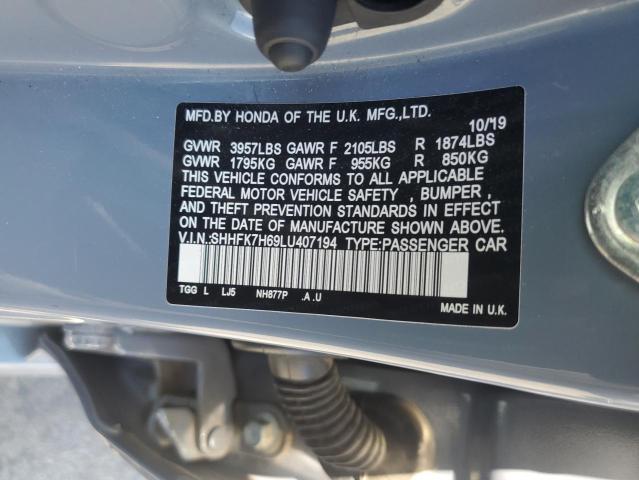 SHHFK7H69LU407194 - 2020 HONDA CIVIC EX Boz foto 12