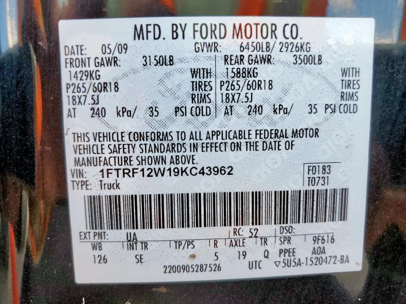 1FTRF12W19KC43962 - 2009 FORD F150 BLACK photo 13