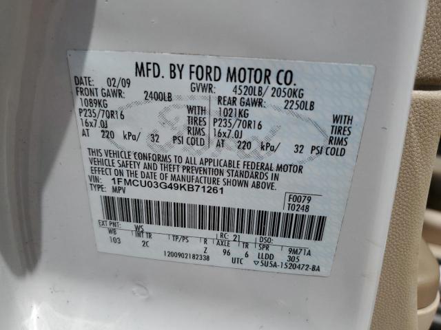 1FMCU03G49KB71261 - 2009 FORD ESCAPE XLT WHITE photo 14