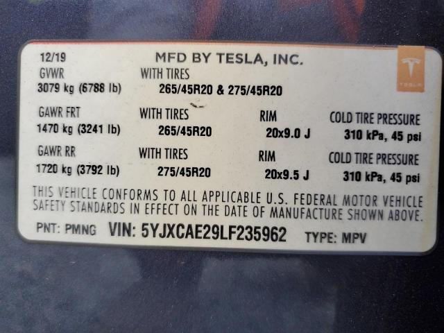 5YJXCAE29LF235962 - 2020 TESLA MODEL X Графитовый фото 13