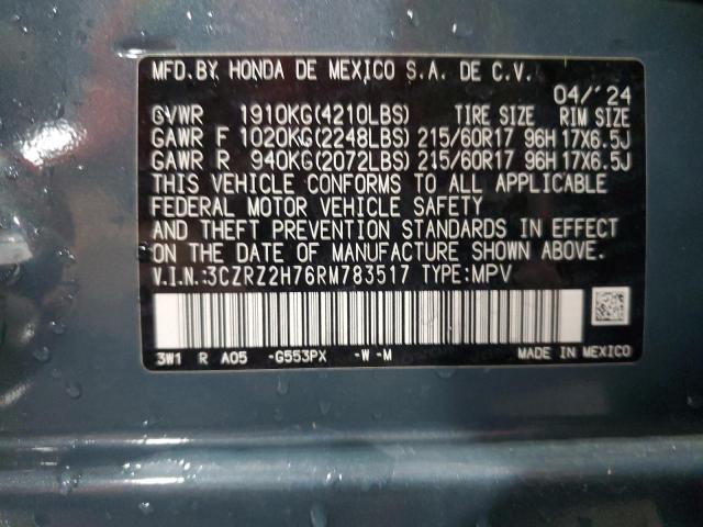 3CZRZ2H76RM783517 - 2024 HONDA HR-V EXL Көк фото 13