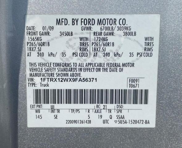 1FTRX12WX9FA56371 - 2009 FORD F150 SUPER CAB SILVER photo 10