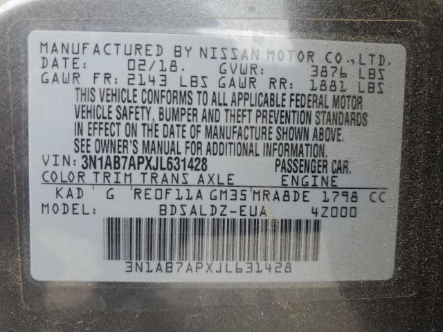 3N1AB7APXJL631428 - 2018 NISSAN SENTRA S ნაცრისფერი ფოტო 12