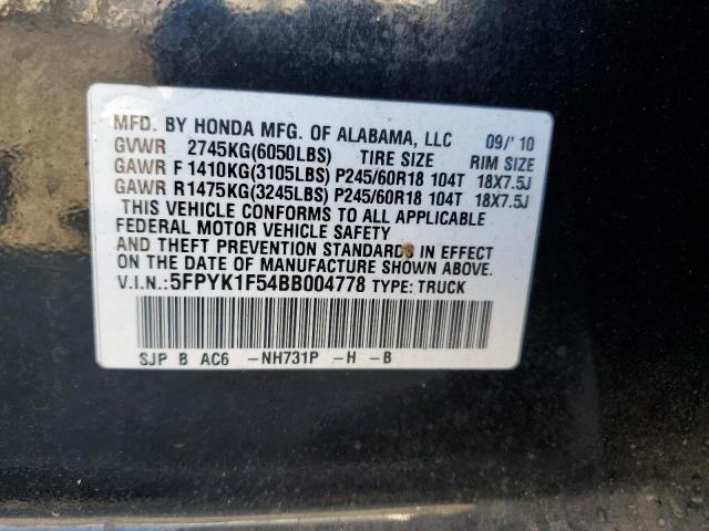 5FPYK1F54BB004778 - 2011 HONDA RIDGELINE RTL BLACK photo 12