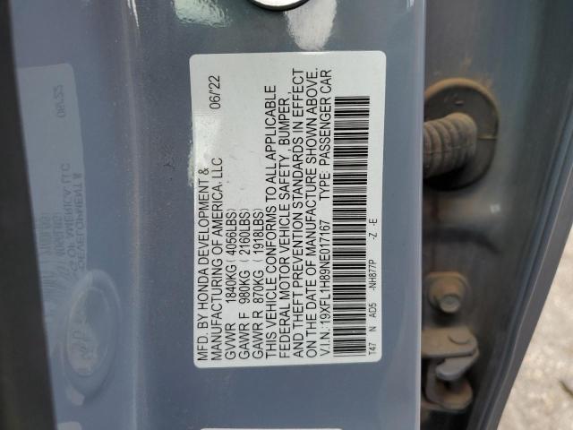 19XFL1H89NE017167 - 2022 HONDA CIVIC SPORT TOURING BLUE photo 12