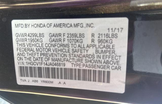 1HGCV1F14JA046819 - 2018 HONDA ACCORD LX BLACK photo 10