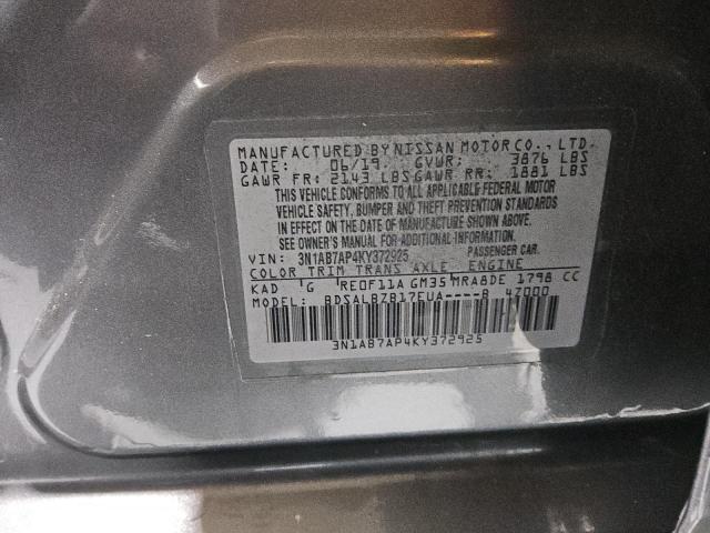 3N1AB7AP4KY372925 - 2019 NISSAN SENTRA S Gri fotoğraf 12