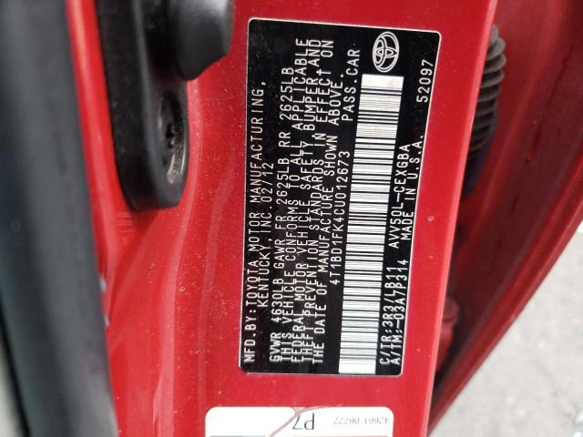 4T1BD1FK4CU012673 - 2012 TOYOTA CAMRY HYBRID 红色 照片 12
