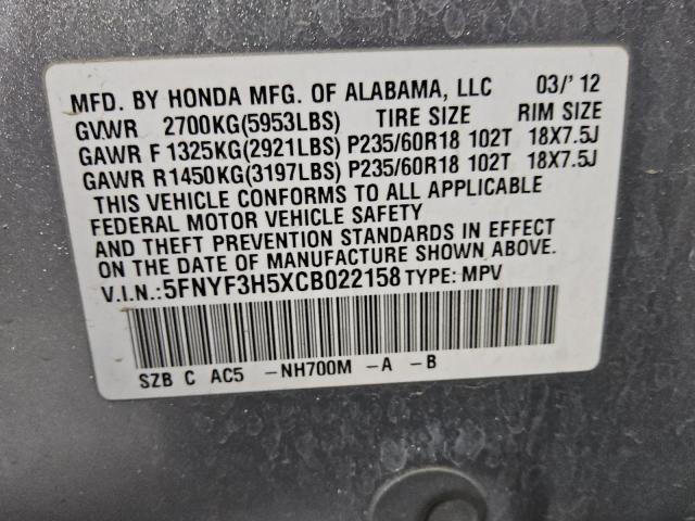 5FNYF3H5XCB022158 - 2012 HONDA PILOT EXL SILVER photo 13