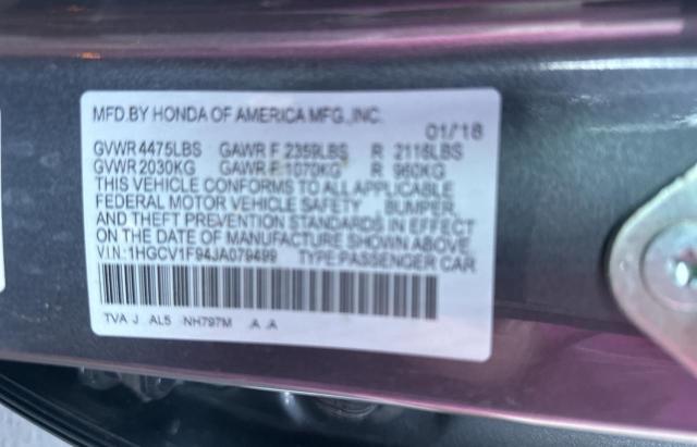 1HGCV1F94JA079499 - 2018 HONDA ACCORD TOURING Vert photo 10