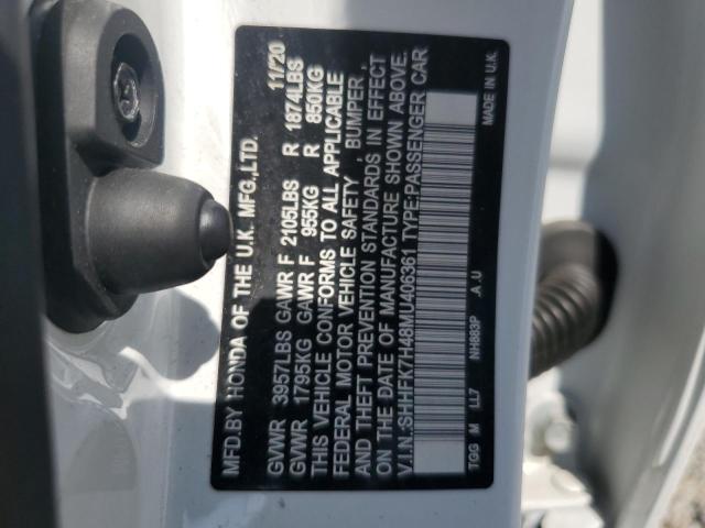 SHHFK7H48MU406361 - 2021 HONDA CIVIC SPORT თეთრი ფოტო 13