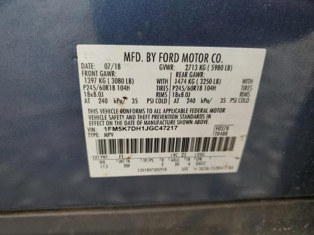 1FM5K7DH1JGC47217 - 2018 FORD EXPLORER XLT Կապույտ լուսանկար 13