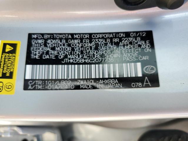 JTHKD5BH6C2077735 - 2012 LEXUS CT 200 SILVER photo 13