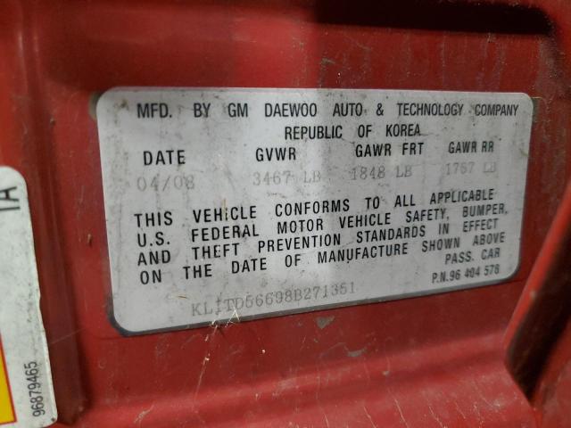 KL1TD56698B271351 - 2008 CHEVROLET AVEO BASE MAROON photo 12