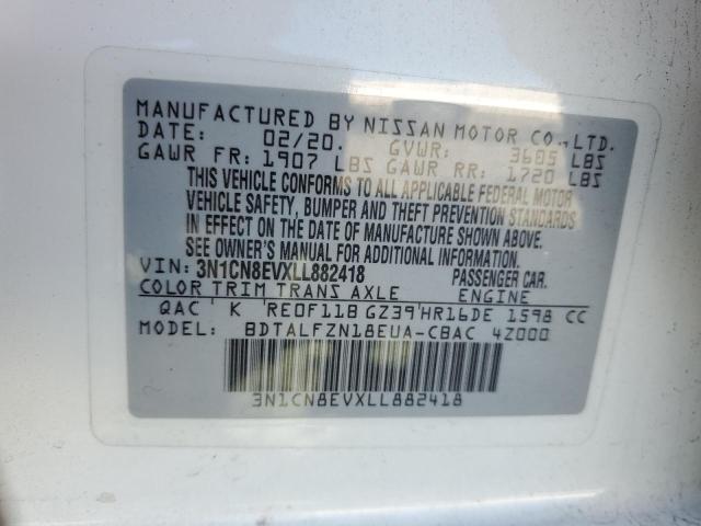 3N1CN8EVXLL882418 - 2020 NISSAN VERSA SV WHITE photo 12