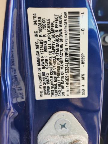 1HGES16334L022894 - 2004 HONDA CIVIC DX VP Mavi foto 12