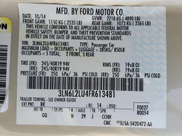 3LN6L2LU4FR613481 - 2015 LINCOLN MKZ HYBRID BEIGE photo 12