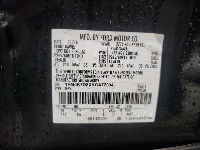 1FM5K7D8XKGA72094 - 2019 FORD EXPLORER XLT BLACK photo 13