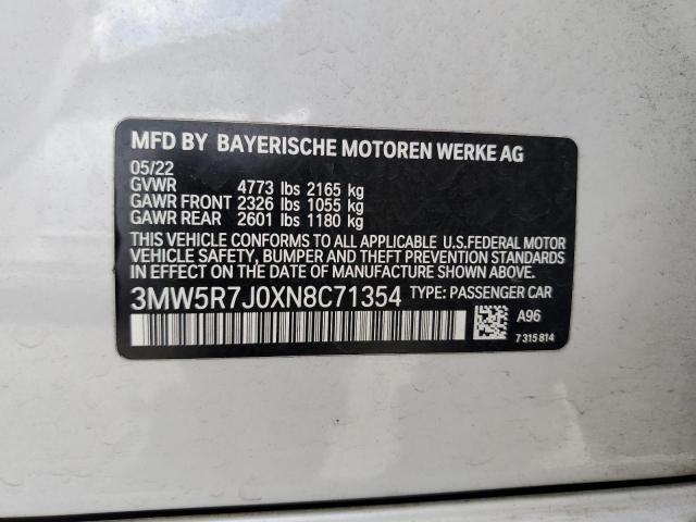 3MW5R7J0XN8C71354 - 2022 BMW 330XI WHITE photo 12