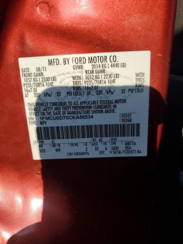 1FMCU0D70CKA56534 - 2012 FORD ESCAPE XLT Burgund zdjęcie 13