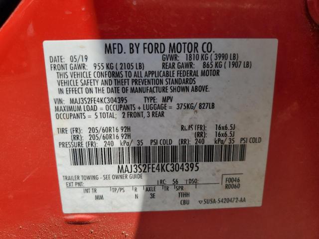MAJ3S2FE4KC304395 - 2019 FORD ECOSPORT S წითელი ფოტო 12