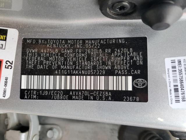 4T1G11AK4NU057329 - 2022 TOYOTA CAMRY SE SILVER photo 13