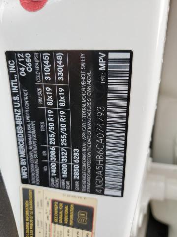 4JGDA5HB6CA074793 - 2012 MERCEDES-BENZ ML 350 4MATIC WHITE photo 13