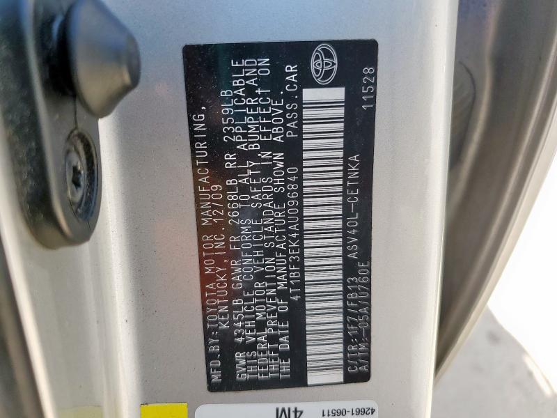 4T1BF3EK4AU096840 - 2010 TOYOTA CAMRY BASE SILVER photo 12