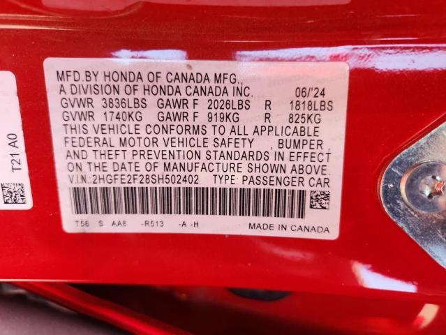 2HGFE2F28SH502402 - 2025 HONDA CIVIC LX RED photo 12