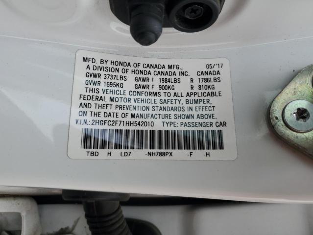 2HGFC2F71HH542010 - 2017 HONDA CIVIC EX WHITE photo 13