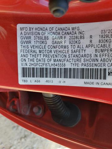 2HGFC2F87LH545558 - 2020 HONDA CIVIC SPORT 红色 照片 12