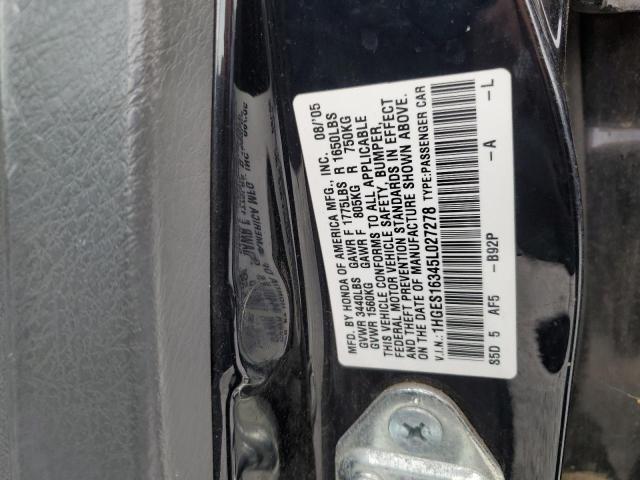 1HGES16345L027278 - 2005 HONDA CIVIC DX VP BLACK photo 12
