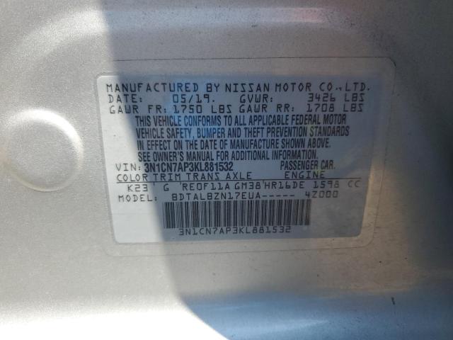 3N1CN7AP3KL881532 - 2019 NISSAN VERSA S SILVER photo 12