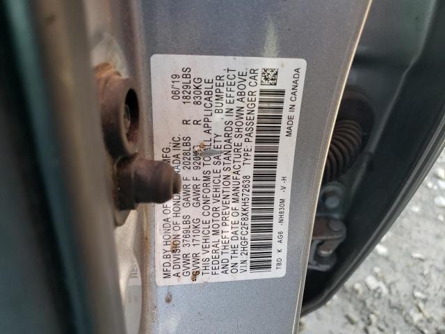 2HGFC2F8XKH572638 - 2019 HONDA CIVIC SPORT ვერცხლისფერი ფოტო 12