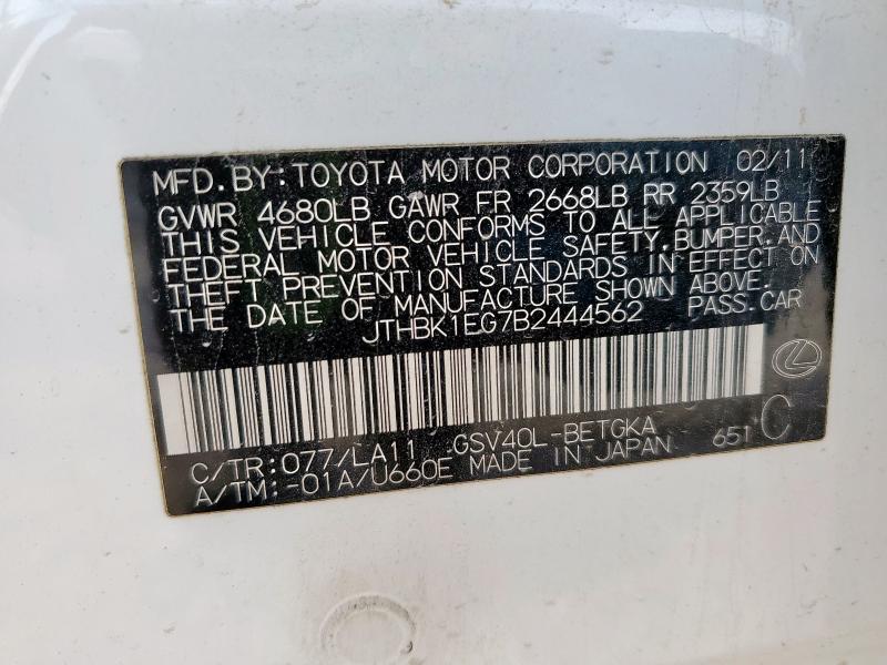 JTHBK1EG7B2444562 - 2011 LEXUS ES 350 WHITE photo 12